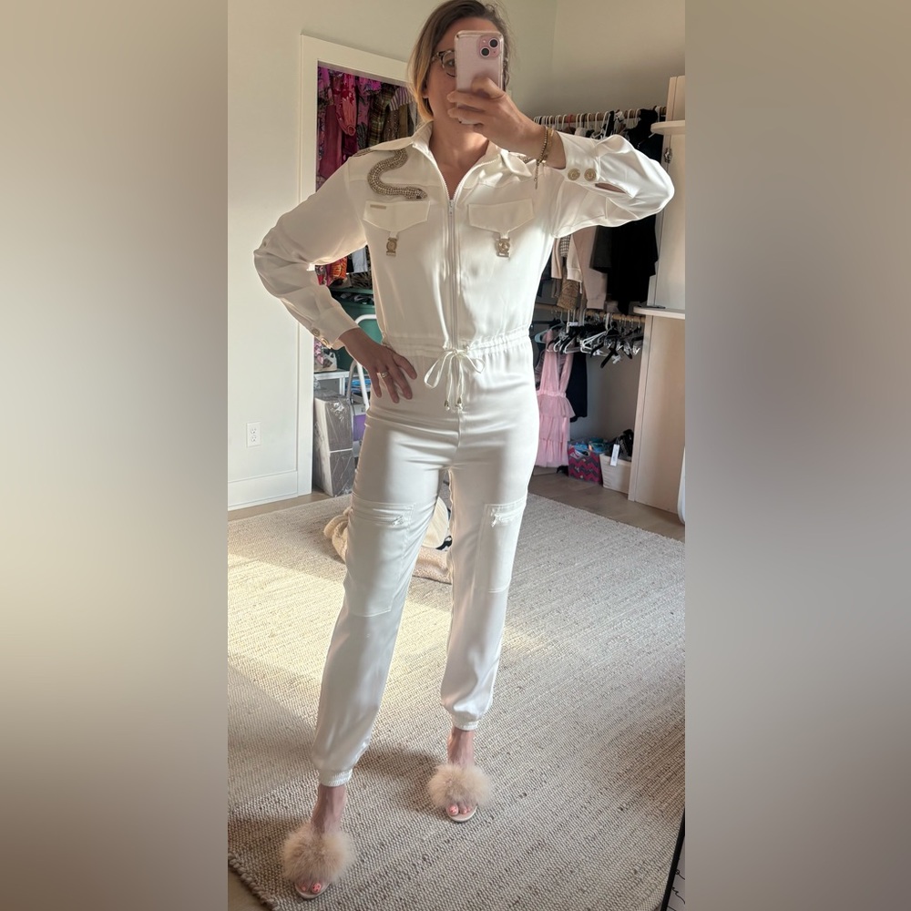 Gil Santucci Snake Rhinestone Embellished Jumpsuit One Piece Romper White Satin